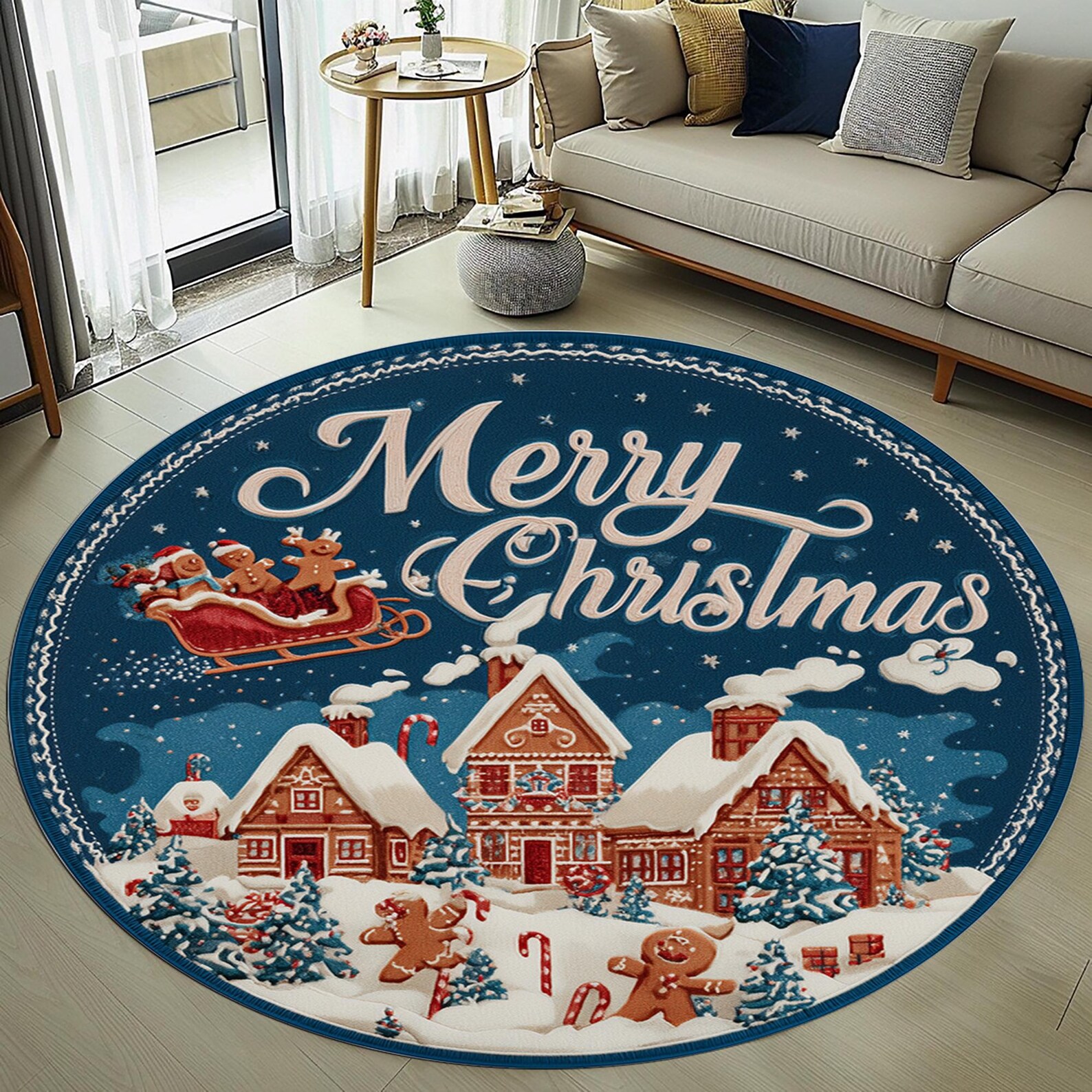 Christmas Round Rug: Merry Christmas, Gingerbread , Santa Sleigh ...