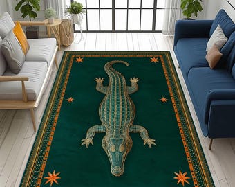 Tapis en crocodile exotique : reptile doré vert, motif audacieux d'animal de la jungle, tapis de salon moderne