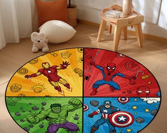 Może przedstawiać: Okrągły dywan z komiksowymi ilustracjami Iron Mana, Spider-Mana, Hulka i Kapitana Ameryki. Dywan podzielony jest na cztery sekcje z żółtym, czerwonym, zielonym i niebieskim tłem.
