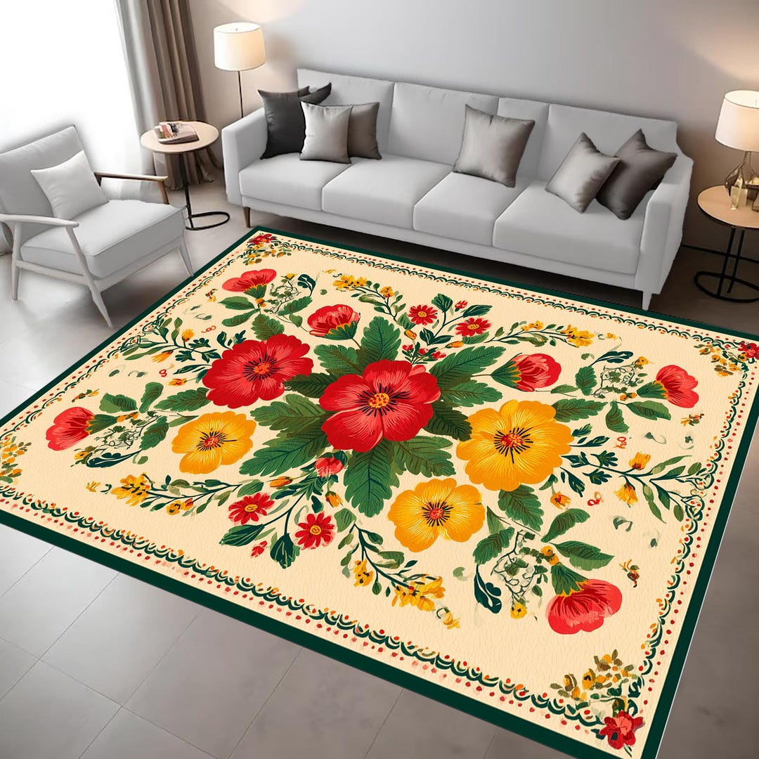Floral Botanical Rug: Colorful Flowers, Vintage Look Printed Boho ...