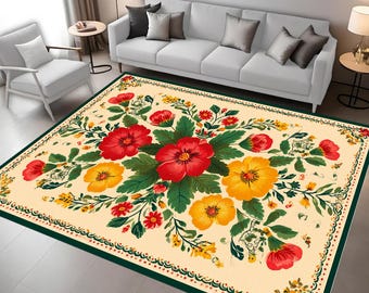 Floral Botanical Rug: Colorful Flowers, Vintage Look Printed Boho Nature,  Living Room Decor Carpet