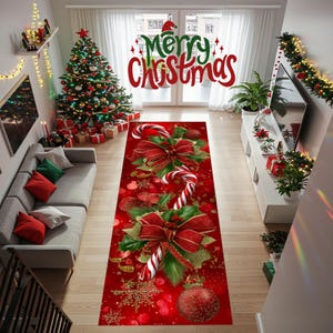 May include: A red Christmas-themed runner rug with candy canes, holly, and a large red bow design. The rug features a festive holiday pattern with a red background and a large red Christmas ornament at the bottom. The words "Merry Christmas" are visible.