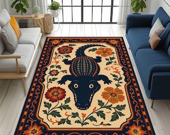 カラフルなワニの民芸ラグ：気まぐれな動物のカーペット - Etsy 日本