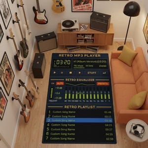May include: A room with a retro theme, featuring a rug designed as a retro MP3 player with an equalizer and playlist. Guitars hang on the wall, and a sofa and coffee table are in the room. A record player and speakers are on a wooden cabinet.