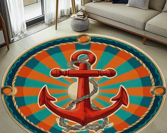 Nautisch ankerkleed: maritiem kustthema, gestreepte cirkel oceaantouw, blauworanje, kusttapijt