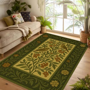 william morris rug,botanical rug,bird rug,nature rug,ornate floral rug,bird tree rug,medieval art rug,heritage tapestry rug,living room rug