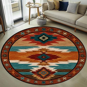 May include: A round area rug featuring a geometric pattern with horizontal bands in shades of rust orange, teal, brown, and cream. The design includes central diamond motifs and a dark border decorated with small cross and floral-like symbols.