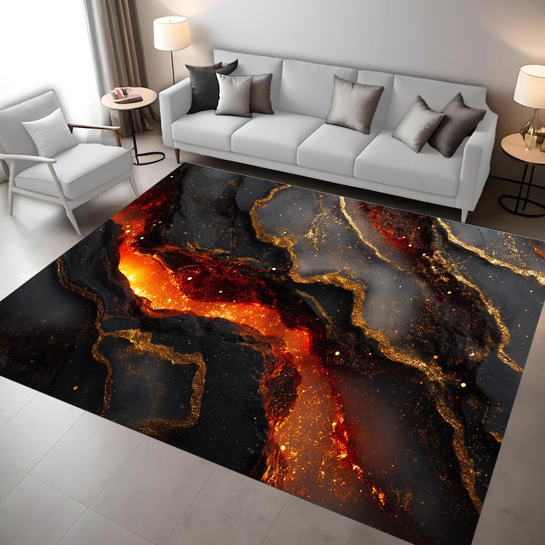 Black Gold Lava Rug: Abstract Volcanic Fire Magma, Modern Gamer Living ...