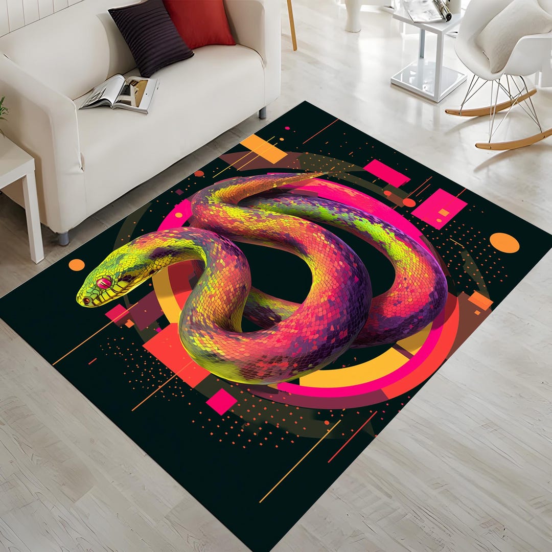 Abstract Serpent Rug: Neon Color Snake Carpet, Bright Geometric Pattern ...
