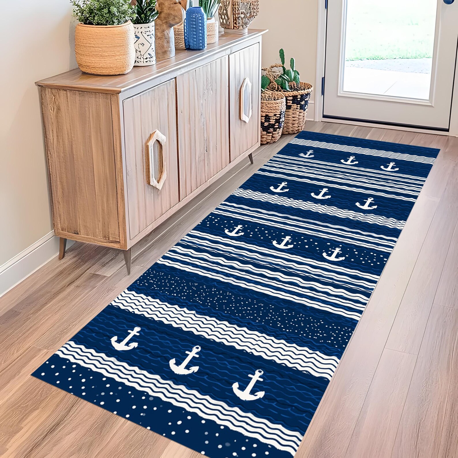 Nautical Anchor Runner Rug: Blue White Stripes, Coastal Maritime ...