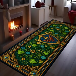 Zelda Runner Rug: Floral Emerald Green Gold Hylian Shield Carpet, Triforce Vine Medieval Design