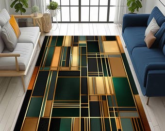 Art Deco Geometric Rug: Gold Green Black Modern Design, Luxury Abstract Lines Elegant Carpet