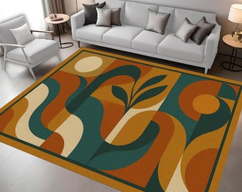 Modern Abstract Rug: Retro Geometric Pattern, Earth Tone Shapes, Mid Century   Living Room Carpet