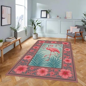 flamingo rug,pink flamingo rug,tropical rug,floral flamingo rug,exotic bird rug,botanical rug,paradise rug,summer rug,nature rug