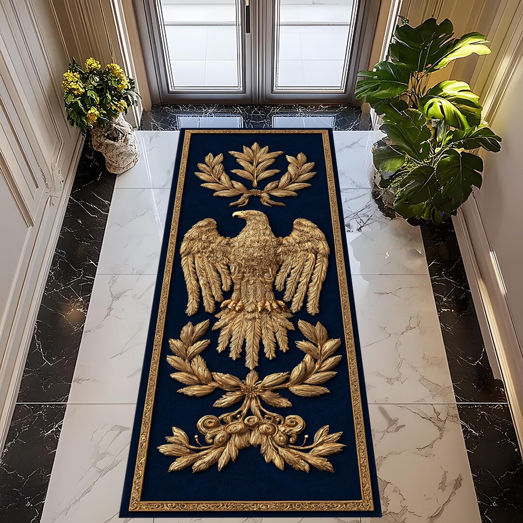 Rectangular Rug Emblem Imperial Eagle Runner Rug: Gold Laurel Emblem Carpet, Royal Blue ...