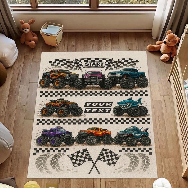 Monster Jam Rug Customizable Monster Truck Rug: Custom Name Racing Design, Colorful ...