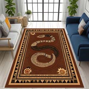 May include: A rectangular brown area rug with a stylized snake design. The snake is in shades of brown and beige, with detailed patterns. The rug has a decorative border with geometric and sun motifs, suitable for a living room, measuring approximately 200cm x 300cm.