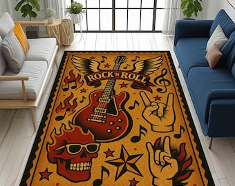 Rock N Roll Rug: Guitar Skull, Traditional American Tattoo, Red Black  Flame Music Carpet