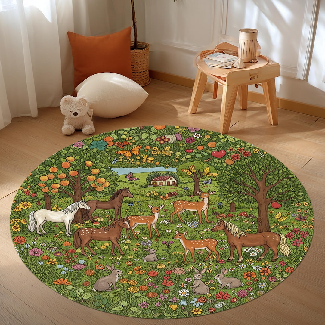 Woodland Animals Round Rug: Forest Horses Deer Rabbits,farmhouse Style ...