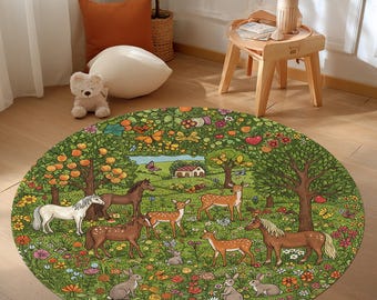 May include: A round green rug featuring a whimsical forest scene with horses, deer, and rabbits. The rug has a detailed illustration of trees, flowers, butterflies, and a small house. The rug is a decorative floor covering.
