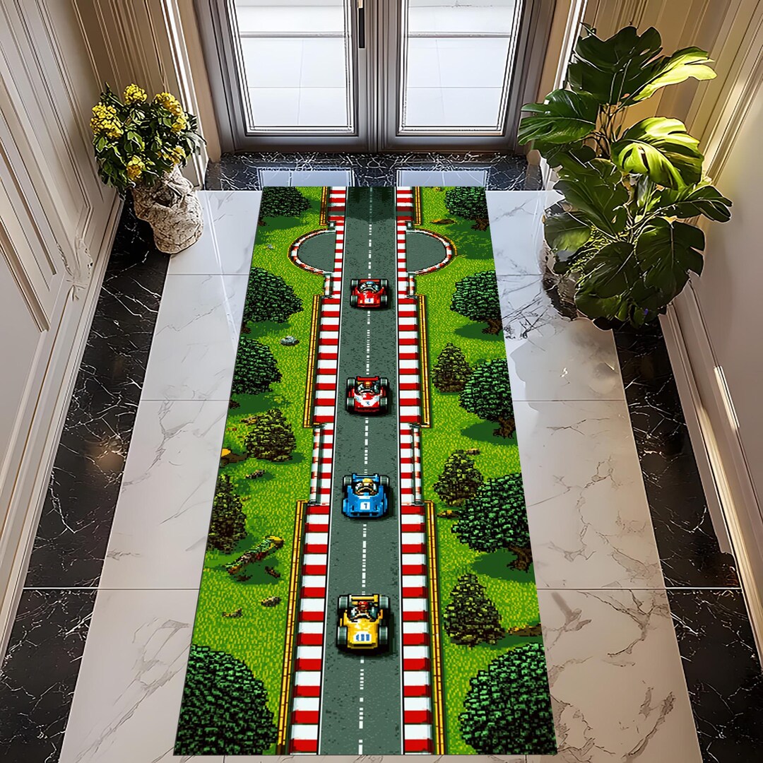 Retro Racing Runner Rug: Pixel Car Track Carpet, Arcade Game Road Gamer ...