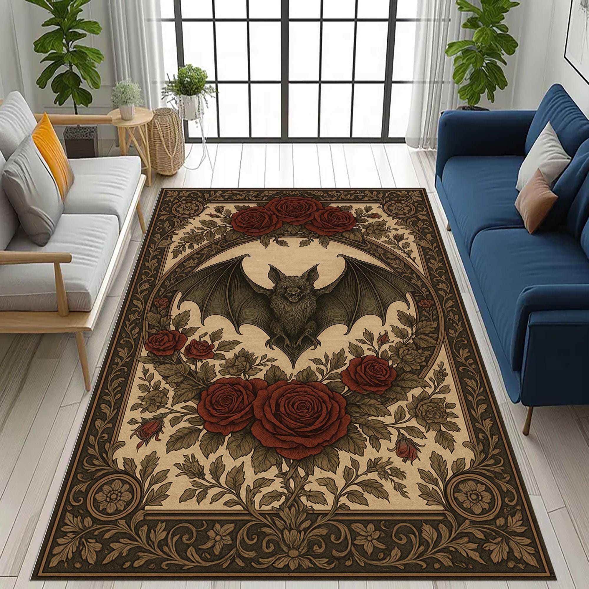 Gothic Bat Rug: Dark Floral Frame , Red Rose Accents, Elegant Vampire ...