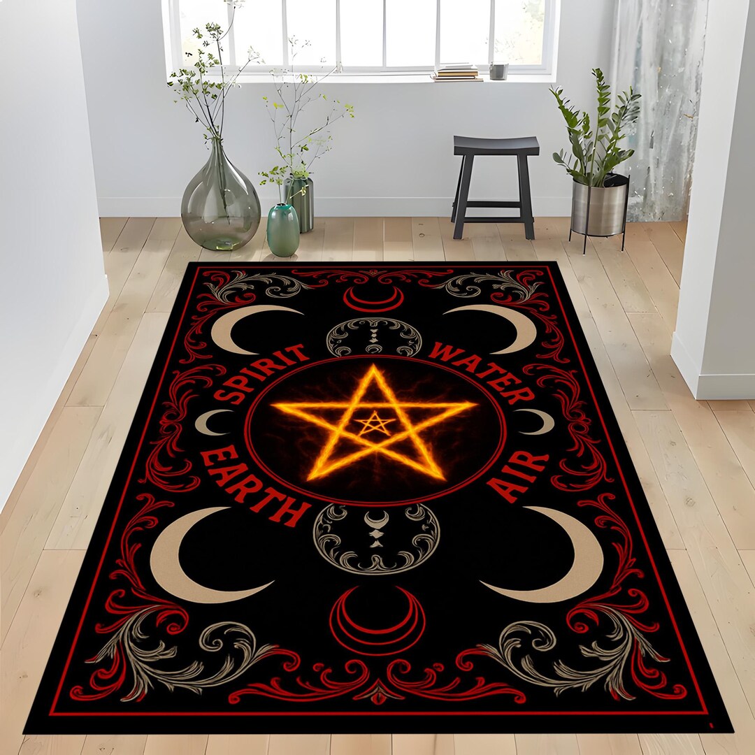 Gothic Occult Pentagram Rug: Wiccan Elements Carpet, Spirit Earth Fire ...