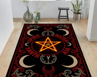 Gothic Occult Pentagram Rug: Wiccan Elements Carpet, Spirit Earth Fire, Pagan Dark Mystic Witchcraft