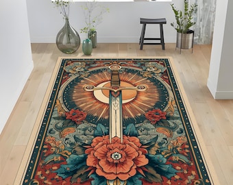 Gothic Sword Rug: Floral Crossed Blade Carpet, Dark Teal Red Gold Design, Dramatic Fantasy Decor