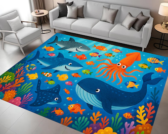 Underwater Ocean Rug: Colorful Sea Life Design, Shark Whale Squid Pattern, Kids Room Decor