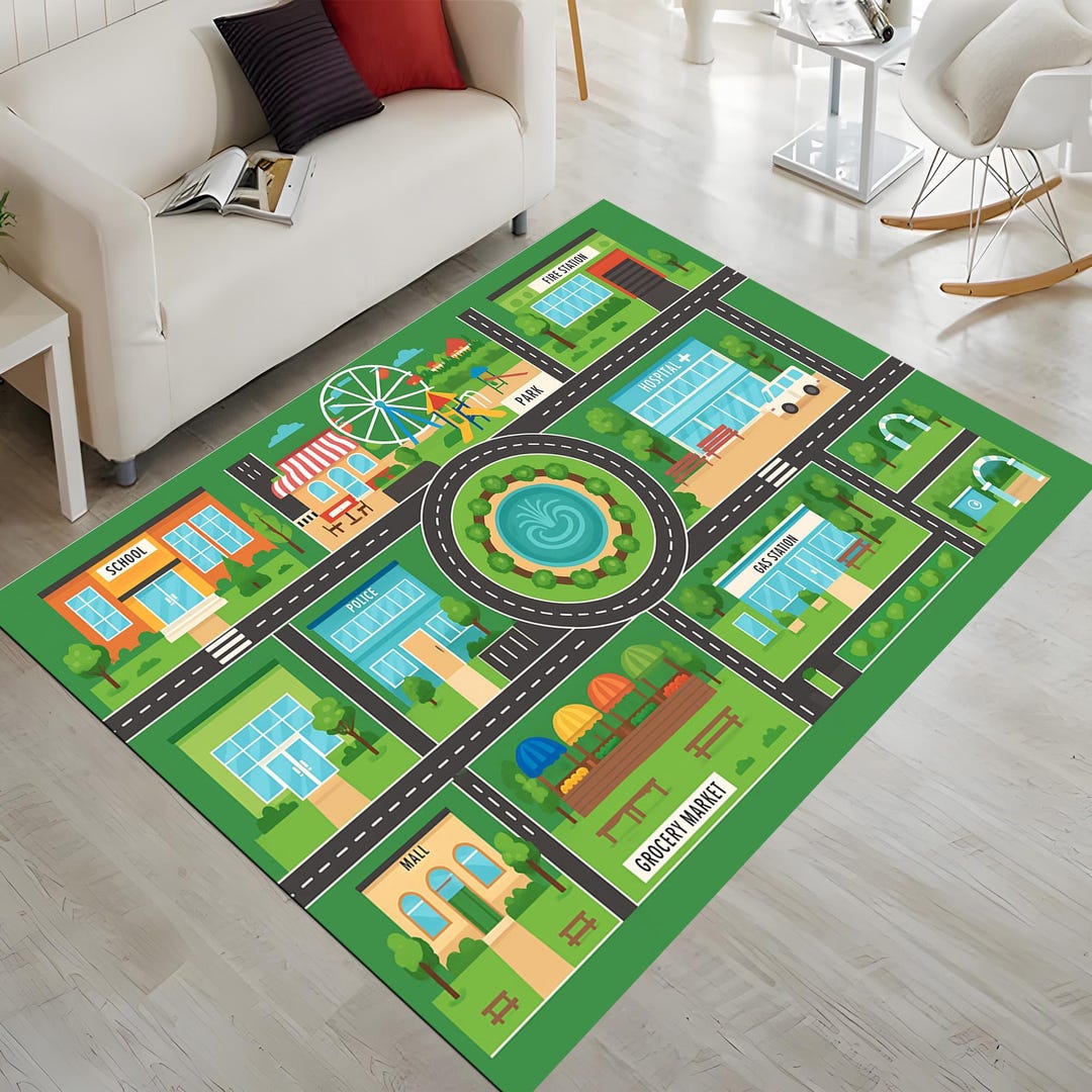 City Map Rug: Kids Play Road Design, Colorful Town Layout, Educational ...