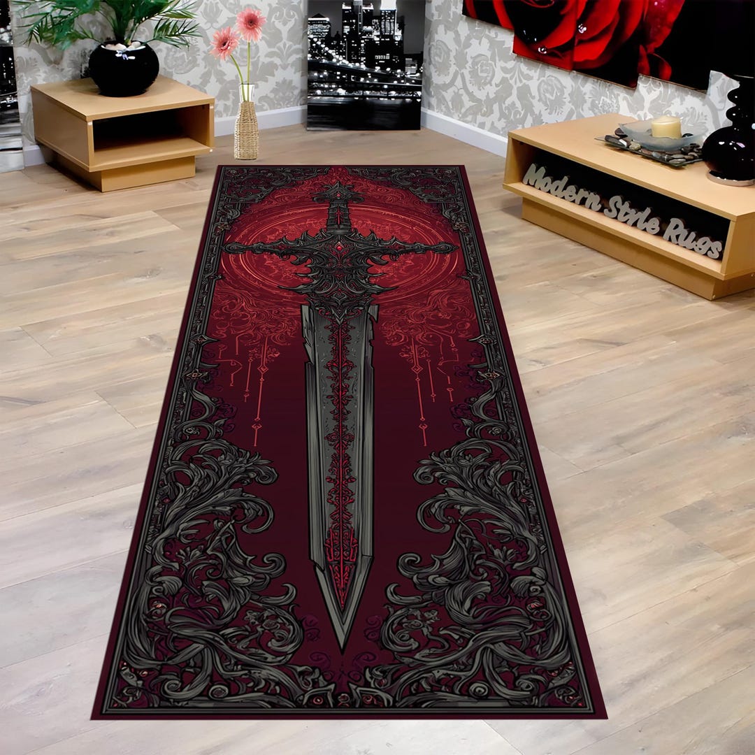 Gothic Sword Runner Rug: Red Black Blade Carpet, Dark Ornate Medieval ...