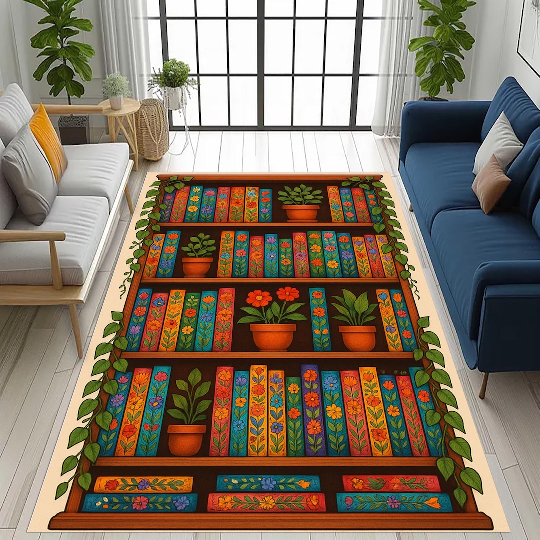 Floral Bookshelf Rug: Colorful Library Reading Room, Cozy Book Spine ...