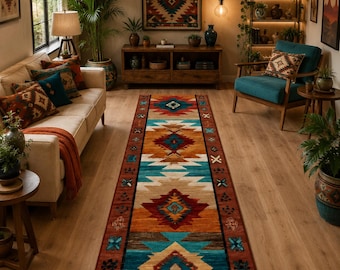 May include: A long rectangular area rug featuring a repeating geometric pattern in shades of turquoise, burnt orange, cream, and dark brown. The design includes diamond-shaped motifs and intricate border details, laid out on a wooden floor.