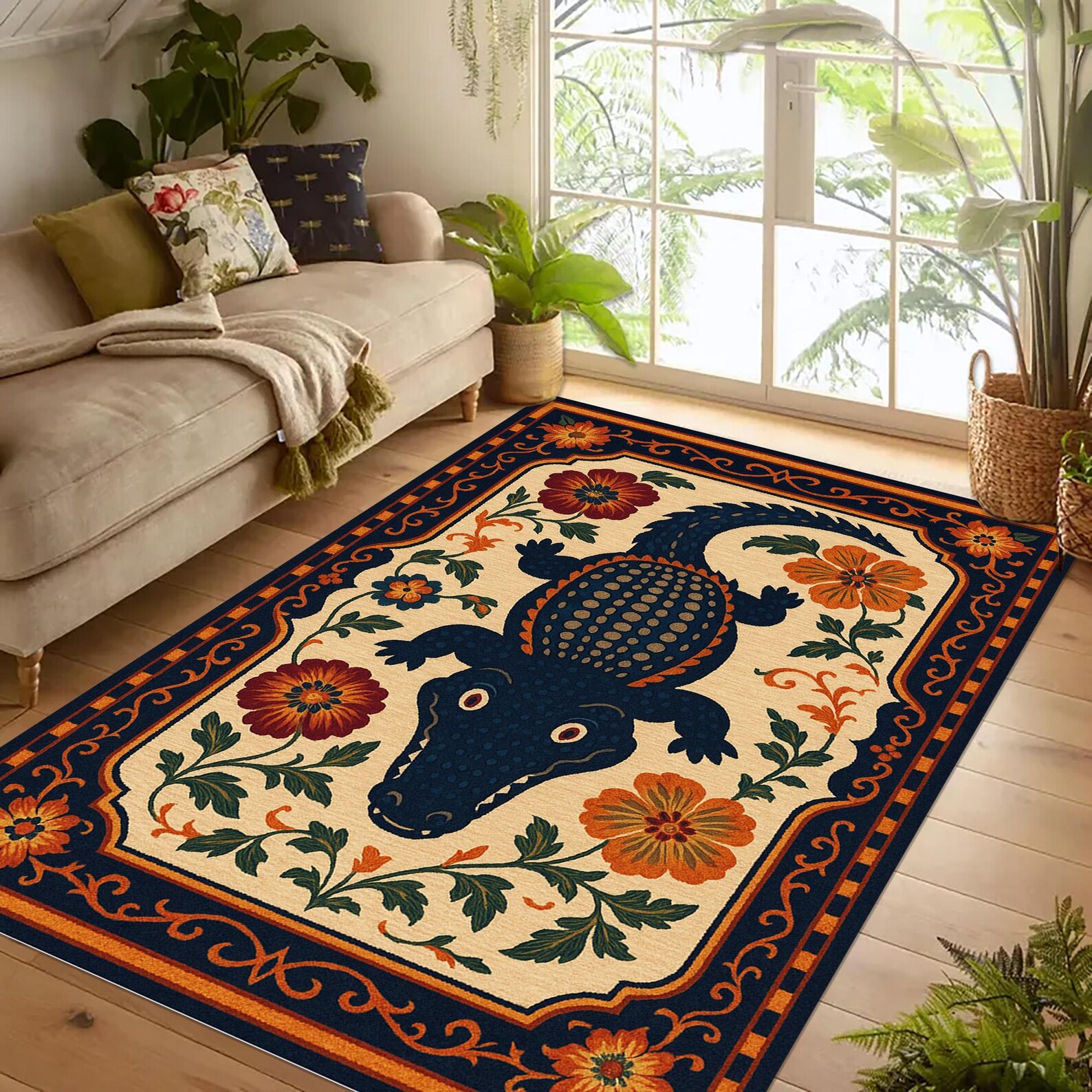 Animals Abstract Rug Colorful Alligator Folk Art Rug: Whimsical Animal Carpet - Etsy