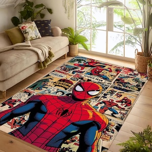 Spider Man Comic Rug,Superhero Comic Panel Rug,Spider Man Retro Rug,Kids Room Superhero Rug,Gamer Room Spider Man Rug