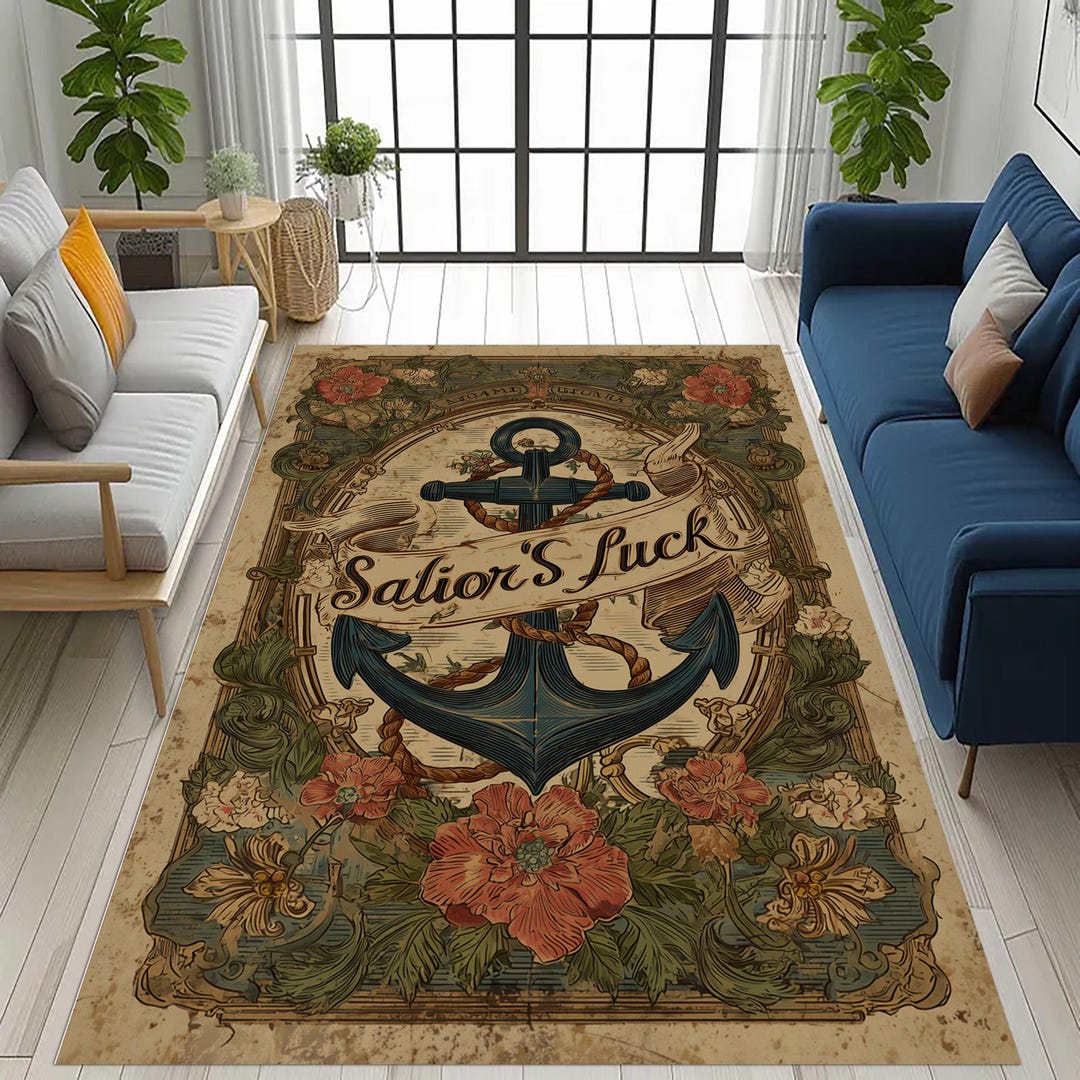 Fairpoint Sea Rug Floral Anchor Rug: Nautical Coastal, Floral Tattoo, Sailor Pirate ...