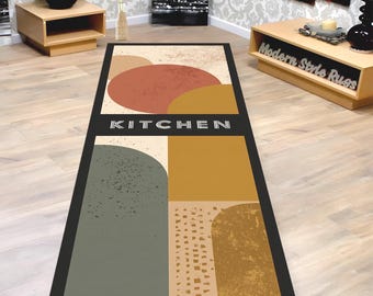 Mid Century Kitchen Runner Rug: Retro Modern Geometric, Abstract Color Block, Hallway Decor Carpet