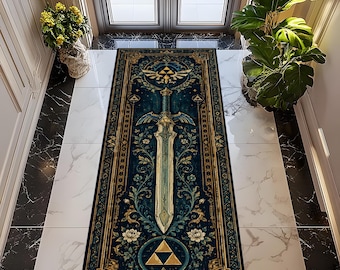 May include: A rectangular floor runner rug featuring a deep blue background with a central illustration of a large sword with wings, surrounded by intricate gold and teal floral patterns, and two gold triangular triforce symbols at the top and bottom.