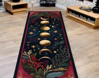Astrology Moon Phases Runner Rug: Celestial Cosmic Stars, Gothic Botanical, Mystical Lunar Hallway Carpet