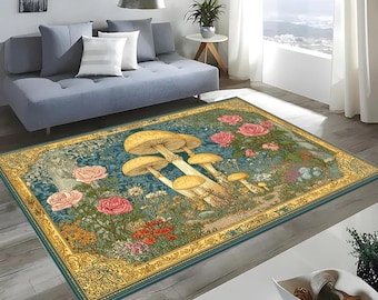 Golden Mushroom Rug: Botanical Forest, Enchanted Fairy Tale, Mystical Nature, Fantasy Magical  Decor Carpet