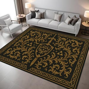 May include: Black and gold area rug with a shield, sword, and Triforce design. The rug has a detailed border and a repeating pattern of stylized leaves and flourishes. The rug is rectangular and appears to be made of a soft material.