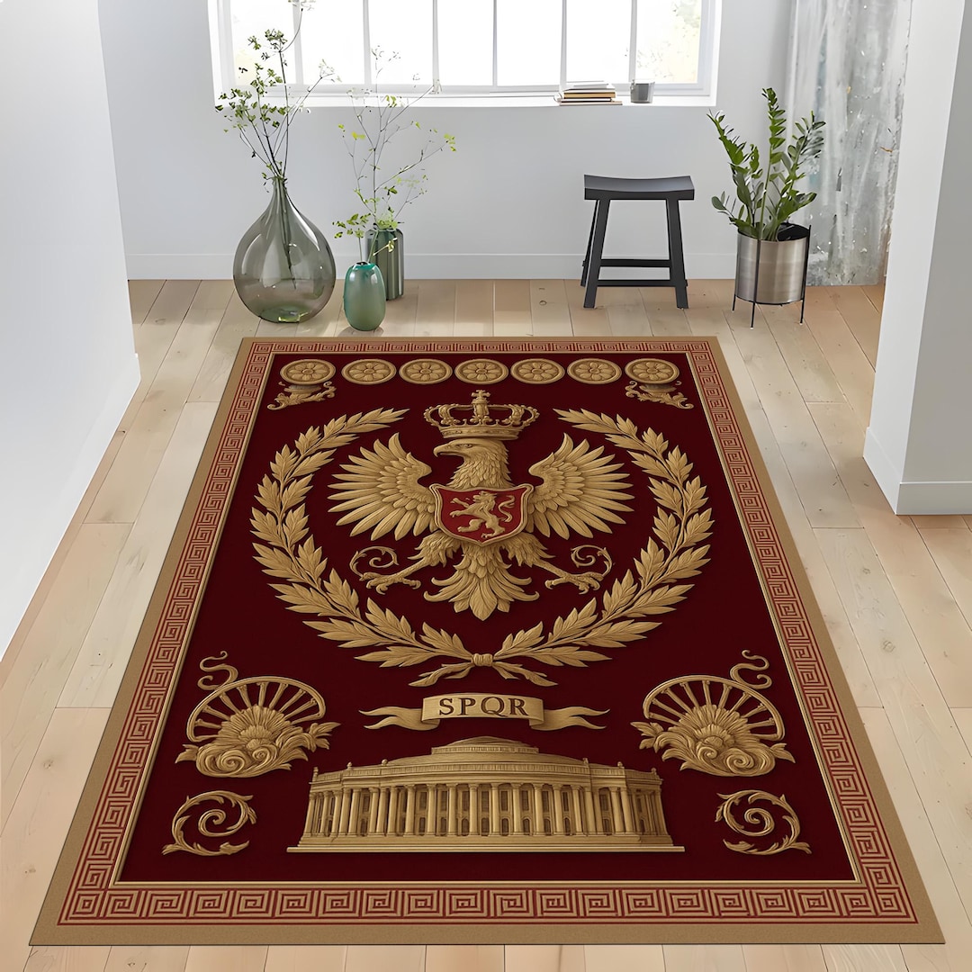Rectangular Rug Emblem Roman Imperial Eagle Rug: Gold Laurel Wreath Emblem, Red Burgundy ...