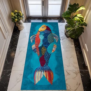 Puede incluir: Una alfombra rectangular turquesa con un diseño de pez colorido. El pez tiene una cabeza amarilla, un cuerpo azul y una cola con rayas rojas, naranjas y amarillas. La alfombra está colocada sobre un suelo de baldosas blancas.