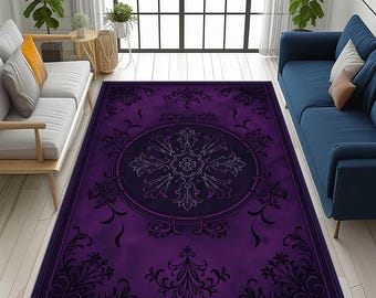 Purple Gothic Medallion Rug: Ornate Baroque Victorian , Royal Scroll Floral Vintage Look Printed Carpet