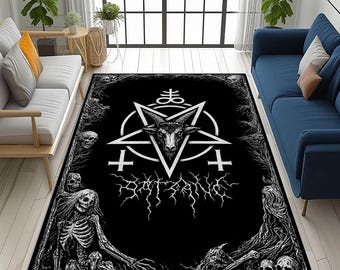 Occult Goat Pentagram Rug: Gothic Black Magic, Dark Alternative Heavy Metal Skeleton  Decor Carpet