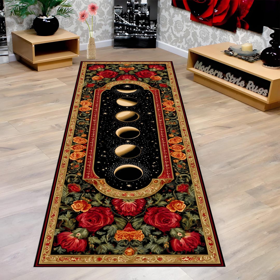 Red Moon Rug Celestial Moon Phases Rug: Red Roses Golden Frame, Mystical Lunar Cycle ...