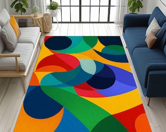 Colorful Abstract Rug: Vibrant Modern Art Design, Geometric Curves Pattern, Contemporary Decor Accent