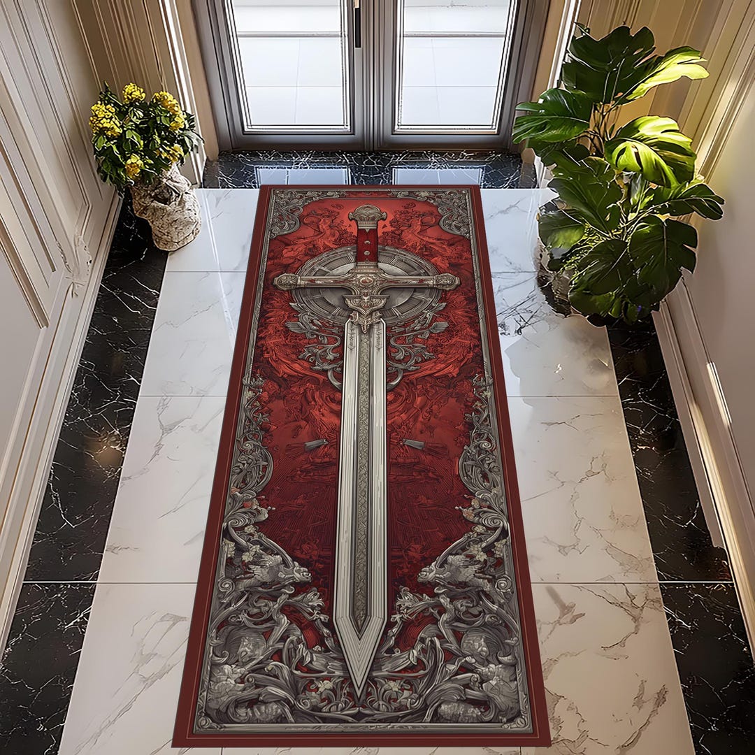 Medieval Red Rug Gothic Sword Runner Rug: Red Black Medieval Blade Carpet, Dark Ornate ...