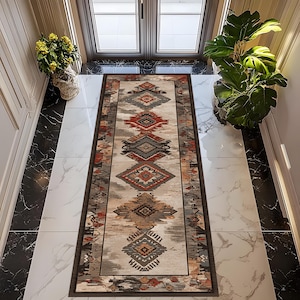 May include: A rectangular, patterned rug with a beige background and geometric designs in shades of red, gray, and brown. The rug has a dark brown border and is placed in a hallway with marble flooring.